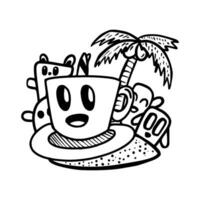 Handdrawn illustration doodles style cofee in beach for background social media design vector