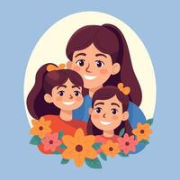 madre con niños, mamá con hija, contento familia momentos, plano estilo dibujos animados ilustración. de la madre día concepto. vector