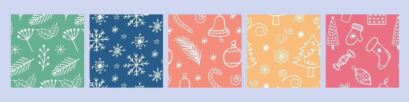Set of Christmas and New Year seamless patterns in Doodle style. Patterns in the swatches panel. Patterns on the swatch panel. vector