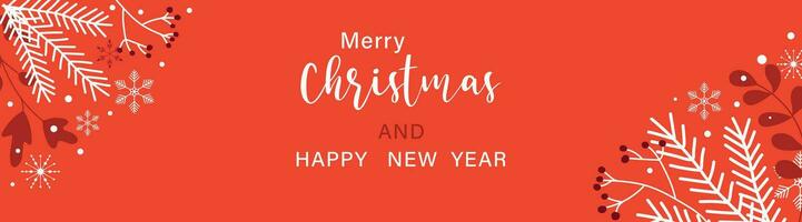 Merry Christmas and New Year banner on a red background with Christmas tree branches, snowflakes and berries. vector