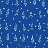 Seamless winter pattern with hand-drawn Christmas trees on a blue background. vector