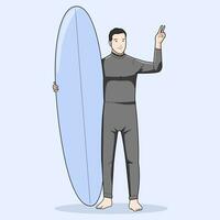 Man surfer standing holding surfer board smiling vector