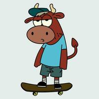 linda vector de vaca montando un patineta