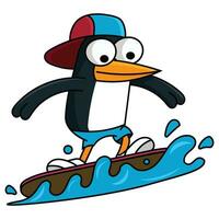 linda pingüino surf dibujos animados vector