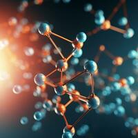 AI generated Molecule structure, on a blue background with space for text. Abstract science education. photo