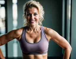 AI generated photo of beautiful middle aged woman with blonde hair and sport outfit doing exercise in gym, generative AI