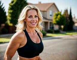 AI generated photo of beautiful middle aged woman with blonde hair and sport outfit doing exercise in gym, generative AI