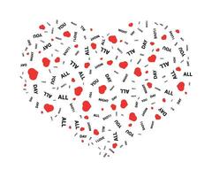 Heart shape made of red hearts with love words, I love you card with heart. Valentines day vector illustration, Happy Valentines day background with hearts.