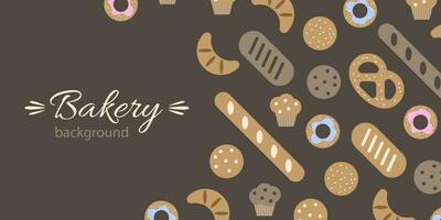 Bakery background. Top view of bakery products. Vector illustration Bread and bun banner for bakery shop template