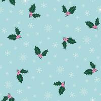 Navidad sin costura modelo con acebo baya y copos de nieve en azul antecedentes. retro estilo mano dibujado vector ilustración para invierno vacaciones.