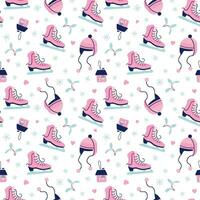 Cute New year and Christmas seamless pattern. Beautiful Winter background. Hand drawn skates, hats, mistletoe, snowflakes. Hand drawn vector print for paper, textile, greeting card.