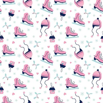 Cute New year and Christmas seamless pattern. Beautiful Winter background. Hand drawn skates, hats, mistletoe, snowflakes. Hand drawn vector print for paper, textile, greeting card.