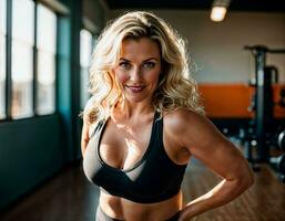 AI generated photo of beautiful middle aged woman with blonde hair and sport outfit doing exercise in gym, generative AI