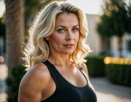 AI generated photo of beautiful middle aged woman with blonde hair and sport outfit doing exercise in gym, generative AI