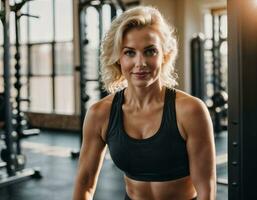 AI generated photo of beautiful middle aged woman with blonde hair and sport outfit doing exercise in gym, generative AI