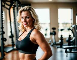 AI generated photo of beautiful middle aged woman with blonde hair and sport outfit doing exercise in gym, generative AI