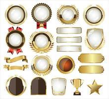 Retro golden ribbons shields labels and laurels vector collection