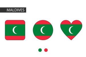 Maldives 3 shapes square, circle, heart with city flag. Isolated on white background. vector