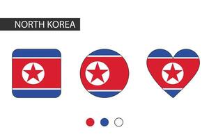 North Korea 3 shapes square, circle, heart with city flag. Isolated on white background. vector