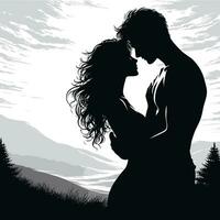 silhouette of a romantic couple in black and white vector