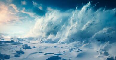 ai generado tormenta de nieve en el montañas, fuerte huracán viento - ai generado imagen foto