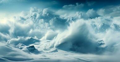 ai generado tormenta de nieve en el montañas, fuerte huracán viento - ai generado imagen foto