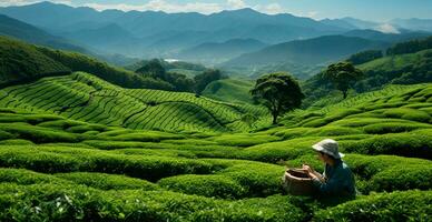 ai generado té cosecha en un plantación en India - ai generado imagen foto