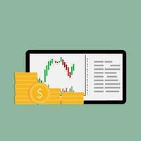 Buy and sell on financial exchange on tablet. Exchange finance, currency stock trade, vector illustration