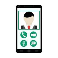 Video call use smartphone. Look to interlocutor on phone app. Vector illustration