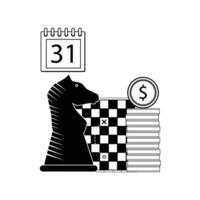 Finanzas estrategia línea ataque. tablero de ajedrez y caballo. vector ilustración