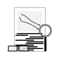 Market downward line. Vector chart arrow down and magnifying glass illustration