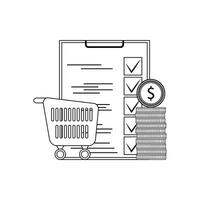 planificación compra supermercado. tienda carro y cheque lista. vector ilustración