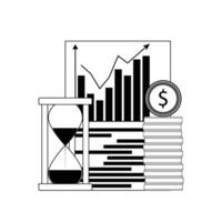 Growth financial chart. Hourglass and stack coin. Vector illustration