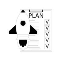 Plan start up launch. Rocket and checklist. Development idea, strategy process, vector illustration