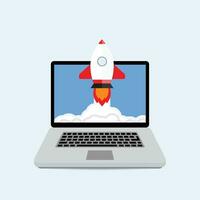 Launching startup with laptop. Start rocket project from laptop, development innovation, vector illustration