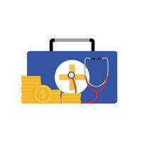 Pay for medicine service. Aid kit with stack of golden dollar and medical stethoscope. Vector illustration