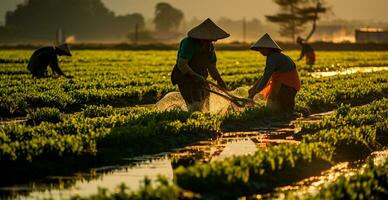 AI generated Rice harvesting on a plantation in Vietnam - AI generated image photo