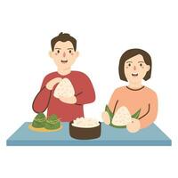 mano dibujado familia preparando y comiendo zongzi vector