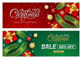 Merry Christmas and Happy New Year greeting with Christmas branch, balls, snowflakes. For sale, banner, posters, cover design templates, social media wallpaper stories vector