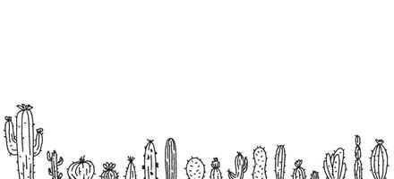 Doodle cacti background, black line. frame for text. Mexican cacti. Vector graphics