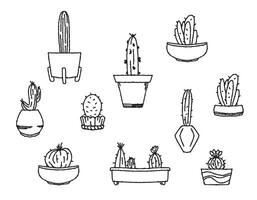 Set of cacti in a doodle pot . Line of exotic plants in the house. Doodle sketch vector