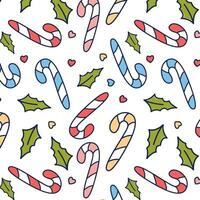 Christmas vector pattern of candies and leaves on a transparent background, vector graphics, holiday elements, line style in color