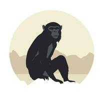 Single silhouette of a realistic monkey in a circle against the background of mountains. Modern logo design vector