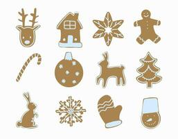 gingerbread cookies of various shapes decorated with white icing. New Year Christmas vector