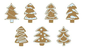 set of gingerbread cookies in the shape of Christmas trees, painted with white icing vector