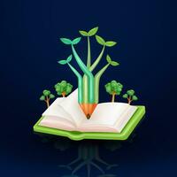 Pencil shape of branching plant, book and with tree background. 3d vector, suitable for Environmental Education and Design Elements vector