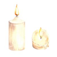 Watercolor set of burning white beige wax candles with candlewick. Hand drawn illustration. Candlelight romantic clipart for your card, interiors, birthday, holiday print. png