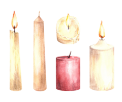 Watercolor set of burning and extinguished white end red wax candles with candlewick Hand drawn illustration. Candlelight clipart for card, interiors, birthday, holiday. png