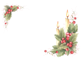 Watercolor painted corner frame with red holly berry, berries and leaves with flaming candles and splashes Illustration for Christmas, New Year card template, winter print. png