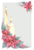 Watercolor painted corner frame with red Poinsettia flowers leaves. Flaming candles and splashes. Illustration for Christmas, New Year card template, winter holiday print. png